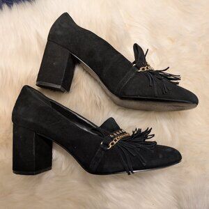 Nine West Leather Suede Fringe Block Heel Shoe